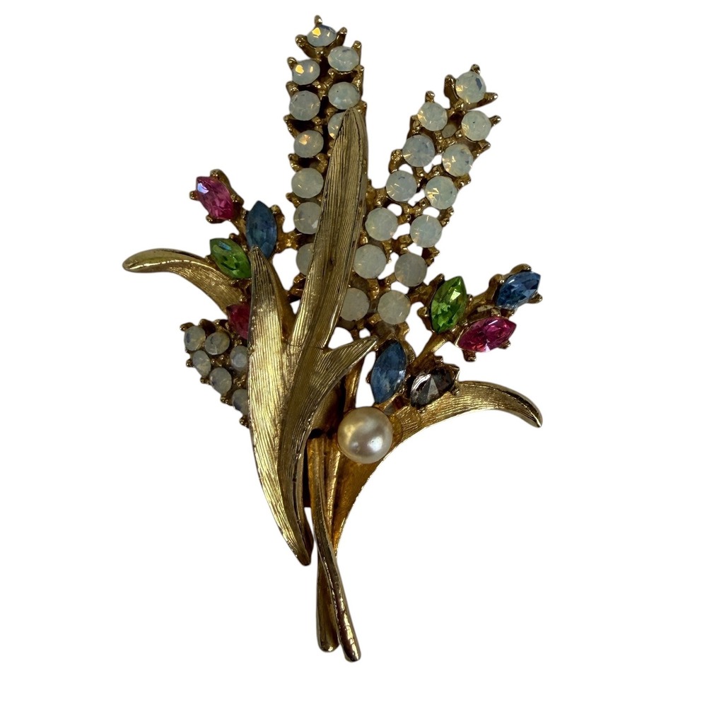 Vintage Art‎ Gold Tone Floral Spray Brooch Rhinestone Faux Pearl Pin